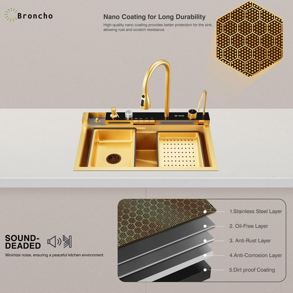 Digital Display Embossed Stainless Steel Nano Gold Waterfall Large Single Groove Kithchen Sink with Pressurized Cup Washer (31.5 X 18 Inch)