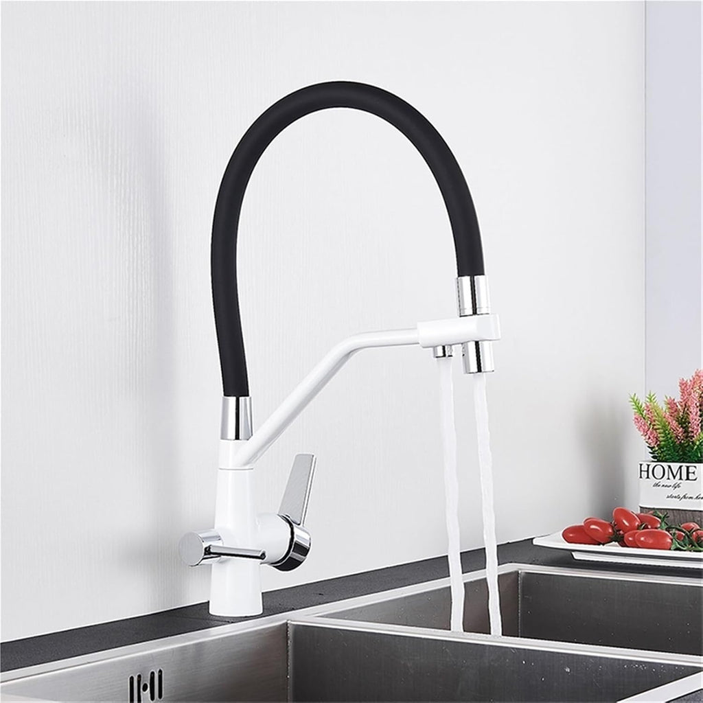 Filter Purification Flexible Rotated Kitchen Faucet Dual Spout Dual Handles Mixer Tap Hot and Cold Pure Water Mixer(White with Chrome B)