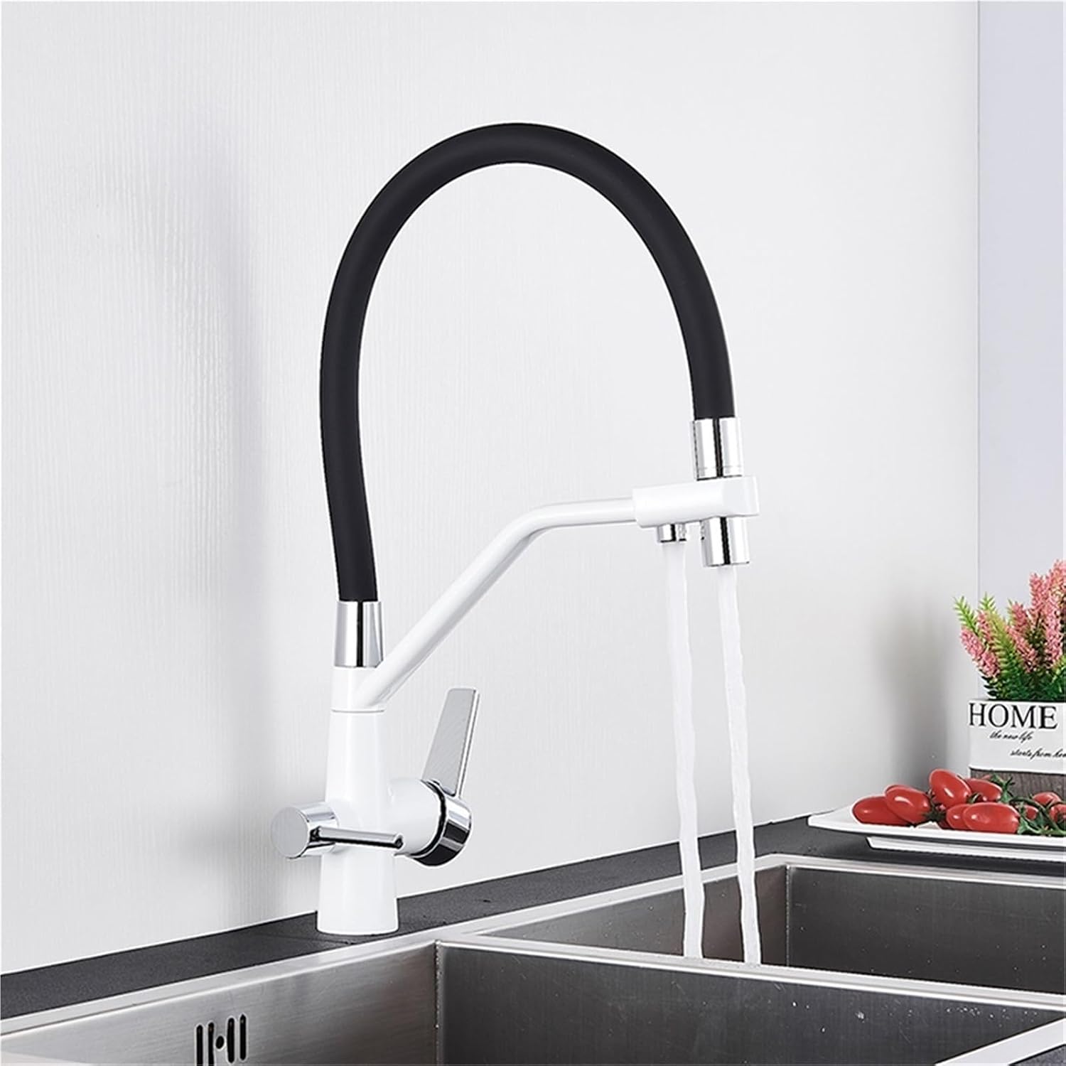 Filter Purification Flexible Rotated Kitchen Faucet Dual Spout Dual Handles Mixer Tap Hot and Cold Pure Water Mixer(White with Chrome B)