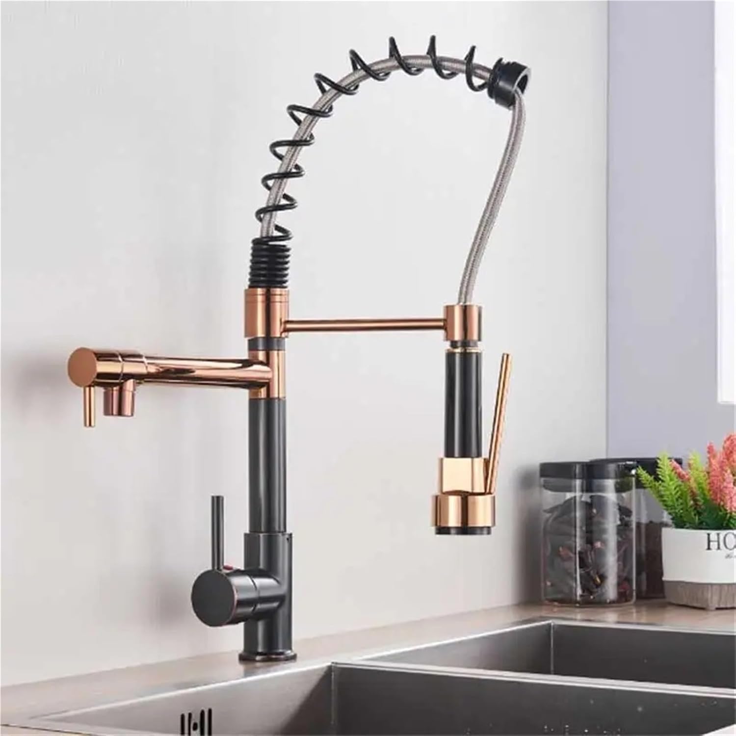 Kitchen Spring Faucet Pull Down Pull Out Dual Spouts 360 Rotation Cold and Hot Water Single Handle Mixer Tap(Golgden with Cover)
