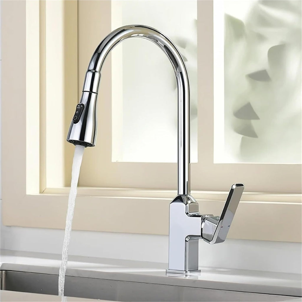 Kitchen Faucet Black Pull Out Deck Mounted 360 Rotation Brass Mixer Hot Cold Water Sink Taps(Chrome)