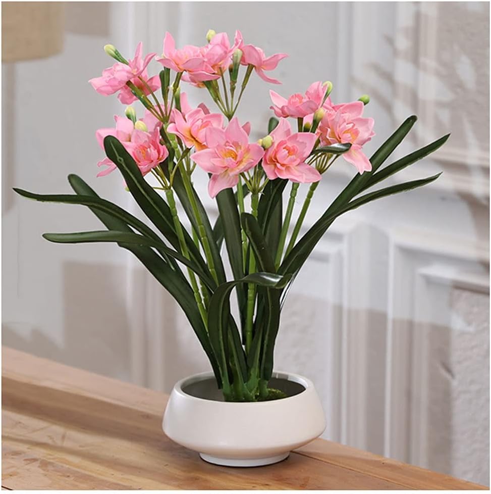 Artificial Flower Artificial Narcissus Flower Art Three-Dimensional Display Flower Set Porch Living Room Indoor Dining Table TV Cabinet Decoration Floor Vases Decorative Tall (Color : Purple) (Pink)