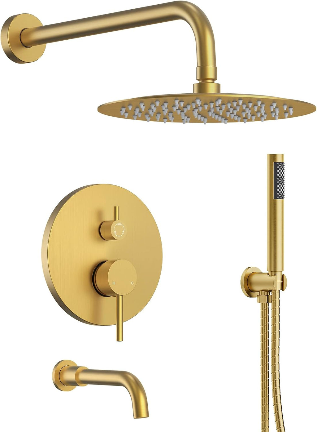 10' High-Pressure Rainfall Shower System with Handheld Spray, Wall Mount Bathroom Shower Faucet Set with Tub Spout, Brushed Gold (Valve Included)