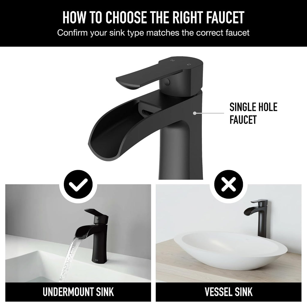 VIGO Paloma Waterfall Single-Handle Single-Hole Mount Bathroom Sink Faucet, 7-Inch, Matte Black, Modern Design, Solid Brass, 1.2 GPM WaterSense & Ceramic Disc Valve, Corrosion-Resistant - VG01041MB