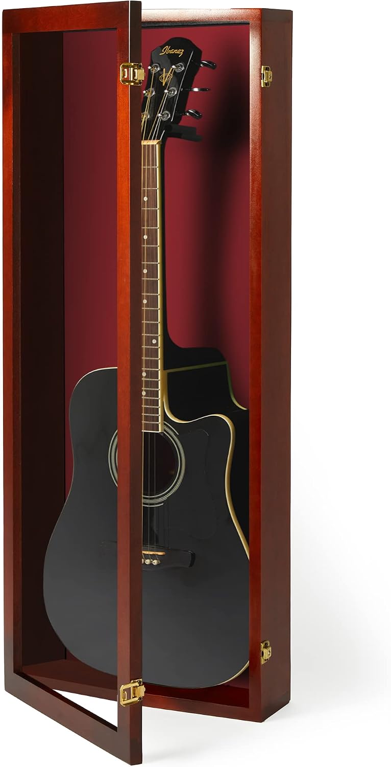 PENNZONI Acoustic Guitar Display Case - Acrylic Acoustic Guitar Case - Guitar Display Case Wall Mount Made from Hardwood Frame & Clear Acrylic - Cherry w/ Red Felt