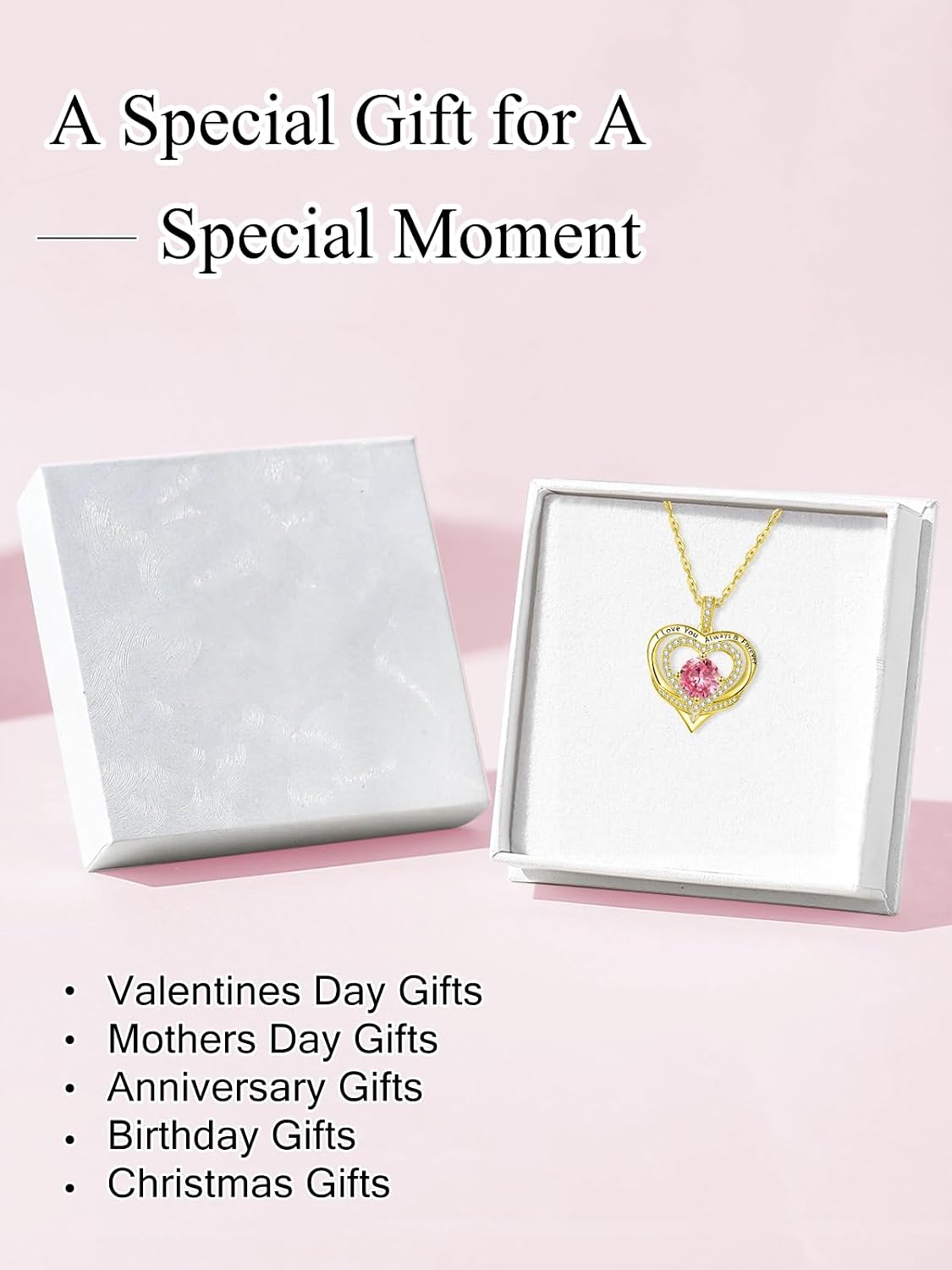 14K Gold Heart Necklaces for Women with Birthstone Pendant ，Double Hearts Necklace Jewelry Gift for Girlfriend Mom Anniversary Birthday Adjustable Chain 18' + 2' 'I Love You Always & Forever