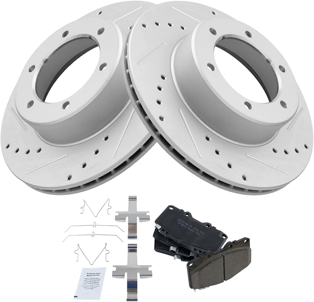 TRQ Performance Front Ceramic Brake Pad and Rotor Set Coated Drilled Slotted Compatible with 1990-1991 Toyota 4Runner 1994-1995 Toyota Pickup 4 Wheel Drive