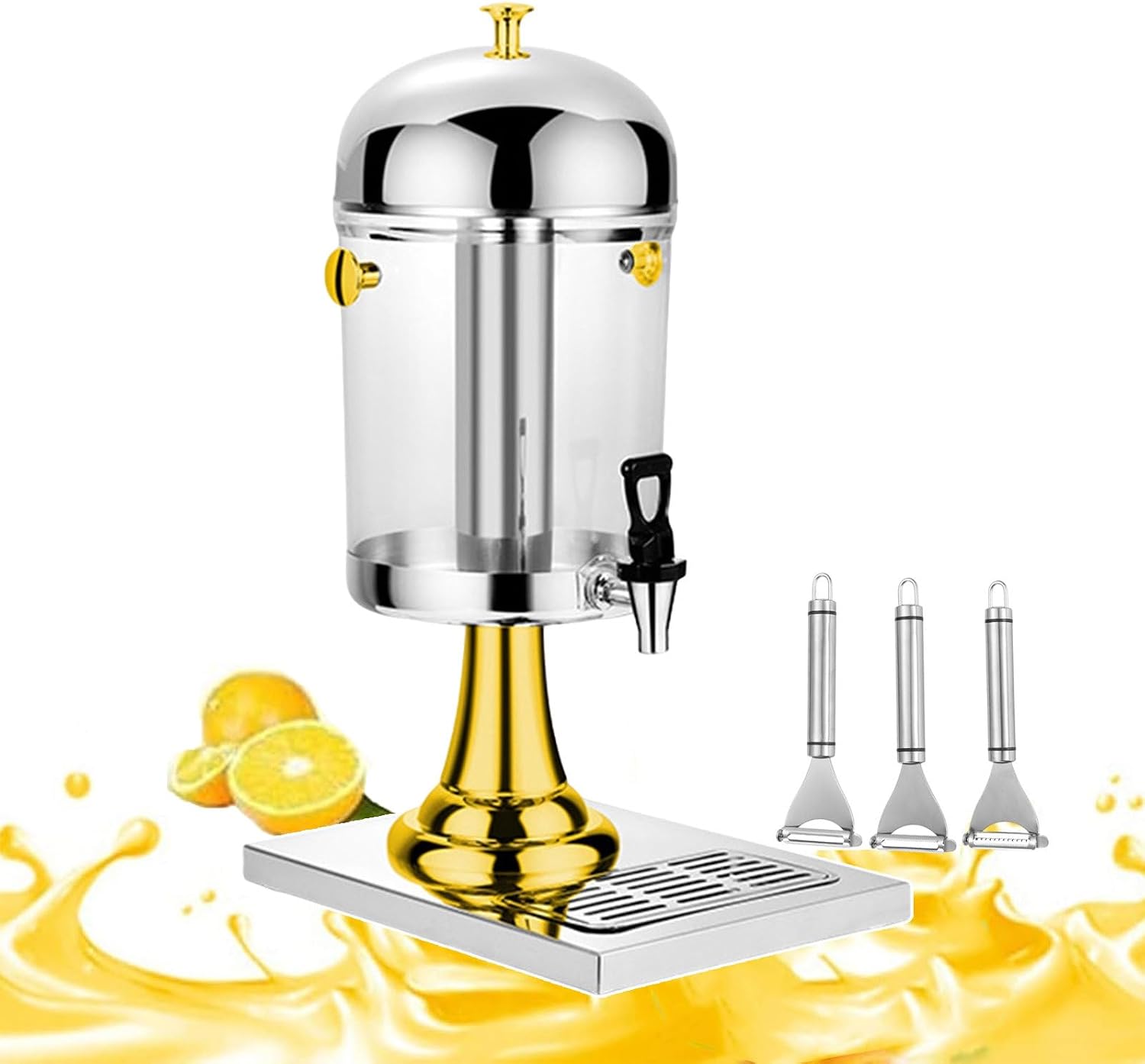 Juice Dispensers With Faucet, Beverage Dispenser For Serving Hot And Cold Drinks, Stainless Steel Machine For Cold Drinks, Drip Tray Included (With 3 Paring Knives),Gold