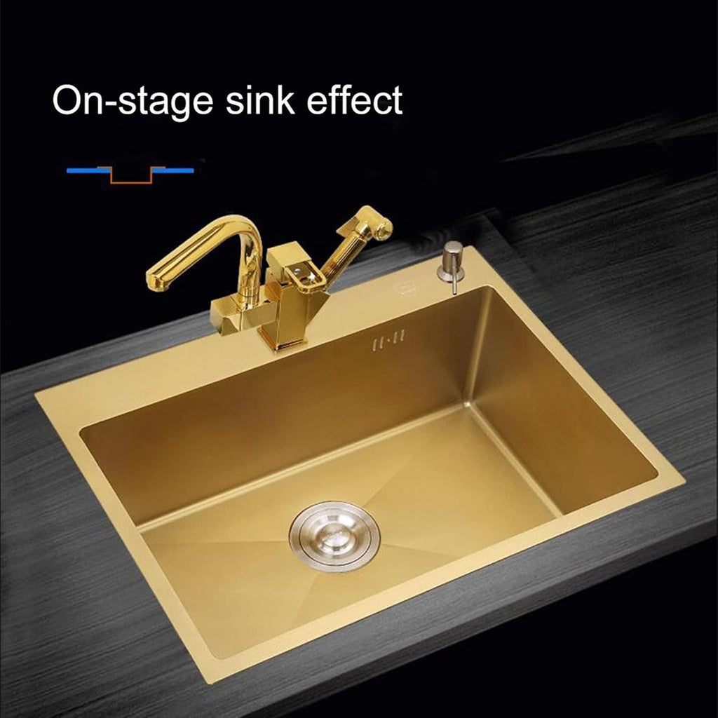 Sink Golden 304 Stainless Steel Sink Handmade Home Sink Single Bowl Kitchen Sink Sink Set Hot and Cold Faucet Multiple Installation Methods,Gold-75 * 45cm