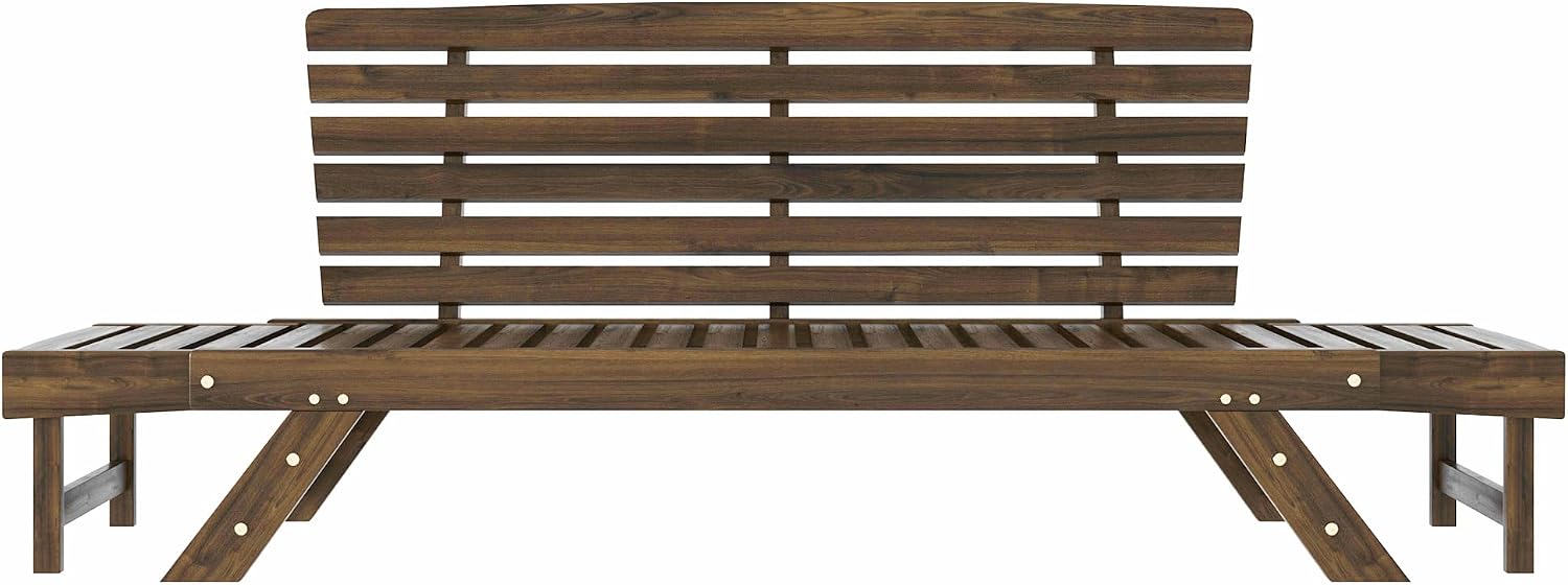 Outdoor Adjustable Patio Wooden Daybed Sofa Chaise Lounge with Cushions for Small Places Porch Lawn Garden Backyard Poolside (Brown Finish+Beige Cushion-02)