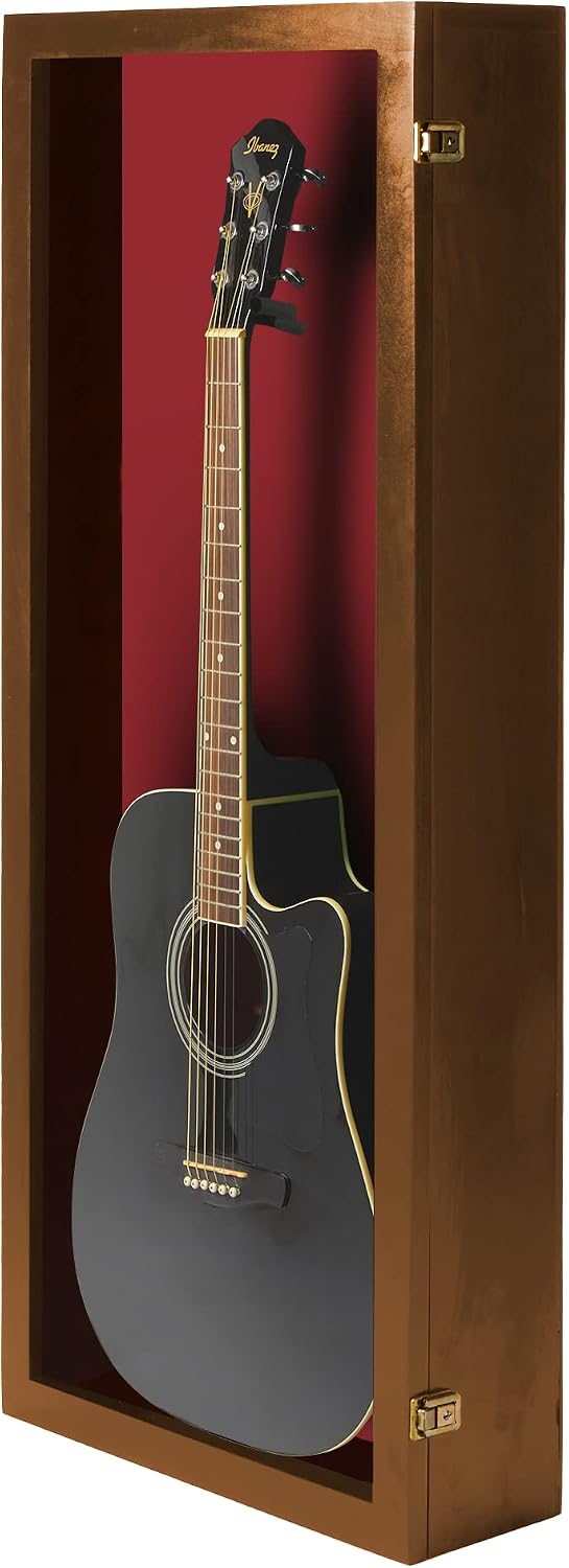 PENNZONI Acoustic Guitar Display Case - Acrylic Acoustic Guitar Case - Guitar Display Case Wall Mount Made from Hardwood Frame & Clear Acrylic - Walnut w/Red Felt