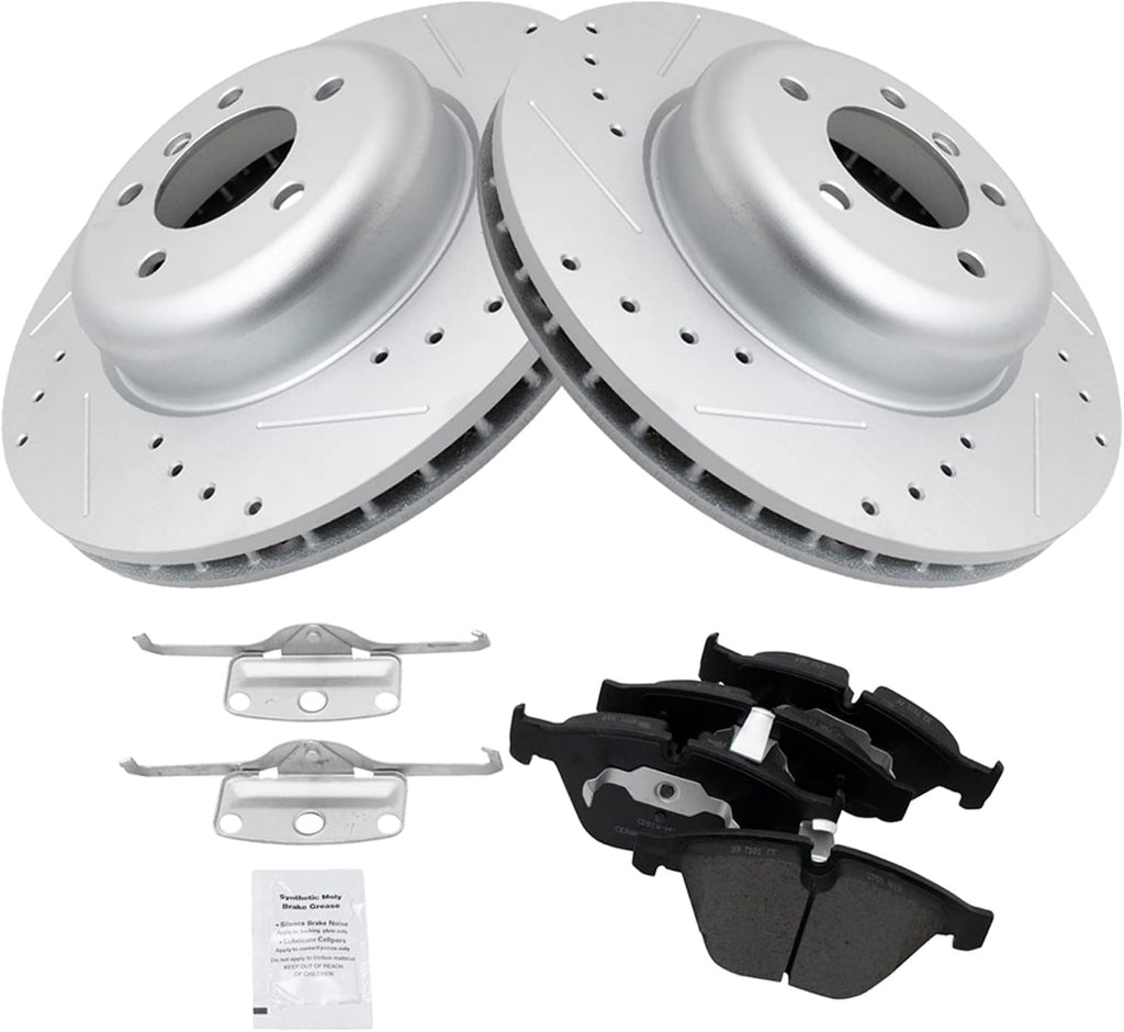 TRQ Performance Front Brake Pad and Rotor Set Ceramic G Coated Drilled Slotted Rotors Compatible with 2008-2010 BMW 535i 2004-2005 545i 2006-2010 550i 645Ci 650i