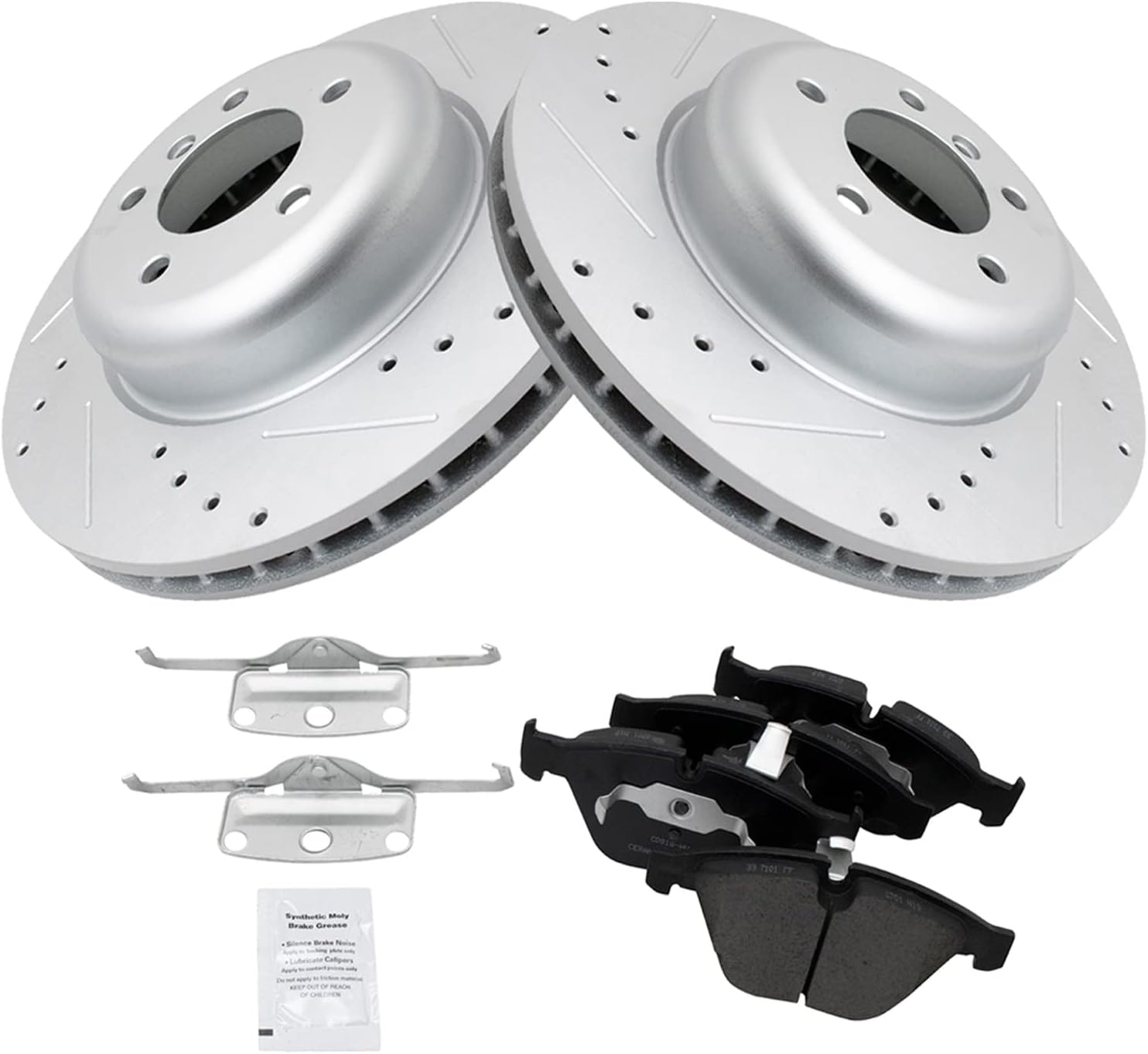 TRQ Performance Front Brake Pad and Rotor Set Ceramic G Coated Drilled Slotted Rotors Compatible with 2008-2010 BMW 535i 2004-2005 545i 2006-2010 550i 645Ci 650i