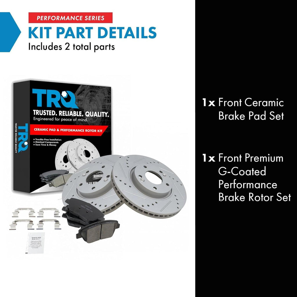 TRQ Performance Front Brake Pad and Rotor Set Ceramic G Coated Drilled Slotted Vented Rotors Compatible with 2011-2015 Hyundai Sonata 2011-2016 Kia Optima