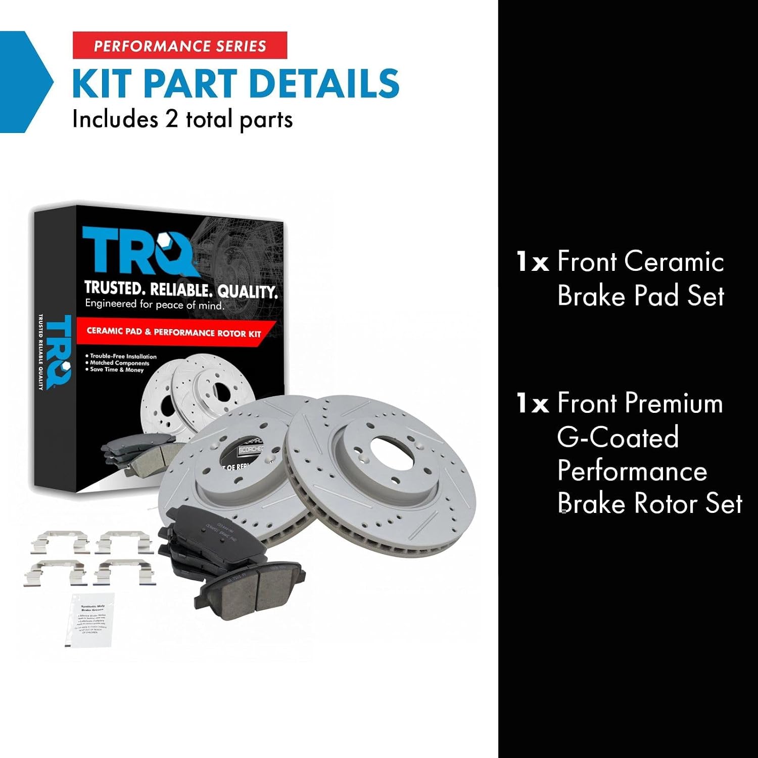 TRQ Performance Front Brake Pad and Rotor Set Ceramic G Coated Drilled Slotted Vented Rotors Compatible with 2011-2015 Hyundai Sonata 2011-2016 Kia Optima