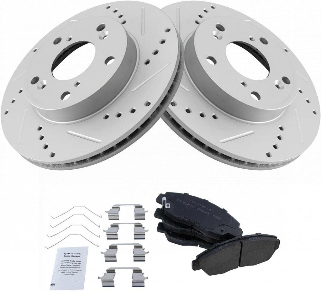 TRQ Performance Front Brake Pad and Rotor Set Ceramic Coated Drilled Slotted Rotors Compatible with 2012-2015 Honda Civic