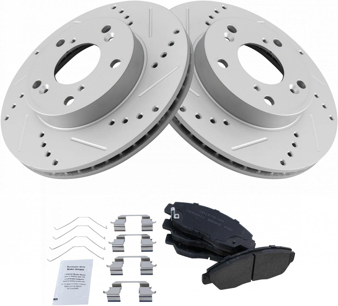 TRQ Performance Front Brake Pad and Rotor Set Ceramic Coated Drilled Slotted Rotors Compatible with 2012-2015 Honda Civic