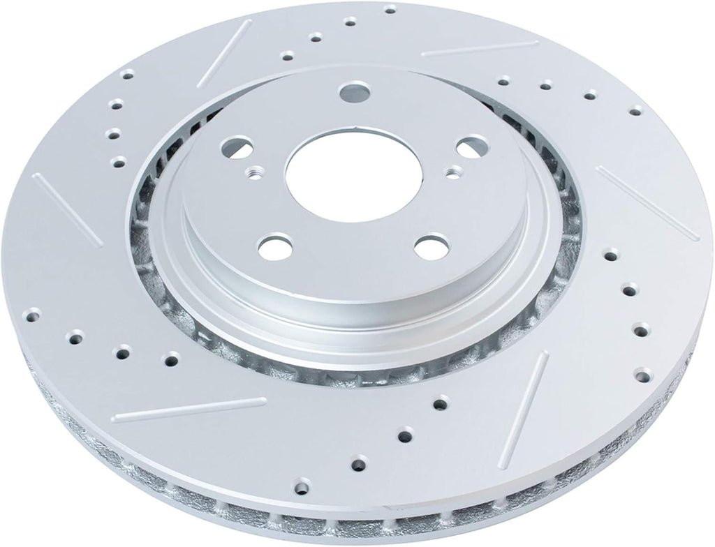 TRQ Performance Front Ceramic Brake Pad and Rotor Set Drilled Slotted Coated Compatible with 08-19 Toyota Highlander 11-20 Sienna 10-15 Lexus RX350 10-15 RX450h 15-17 NX200t 18-21 NX300 15-20 NX300h
