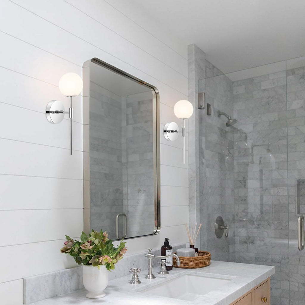 BYOLIIMA Modern Wall Sconce Set of 2 White Globe Glass Shades Mid Century Bathroom Vanity Wall Light Fixtures Industrial Wall Lamp for Bedroom Mirror Living Room Restaurant (Chrome Color)