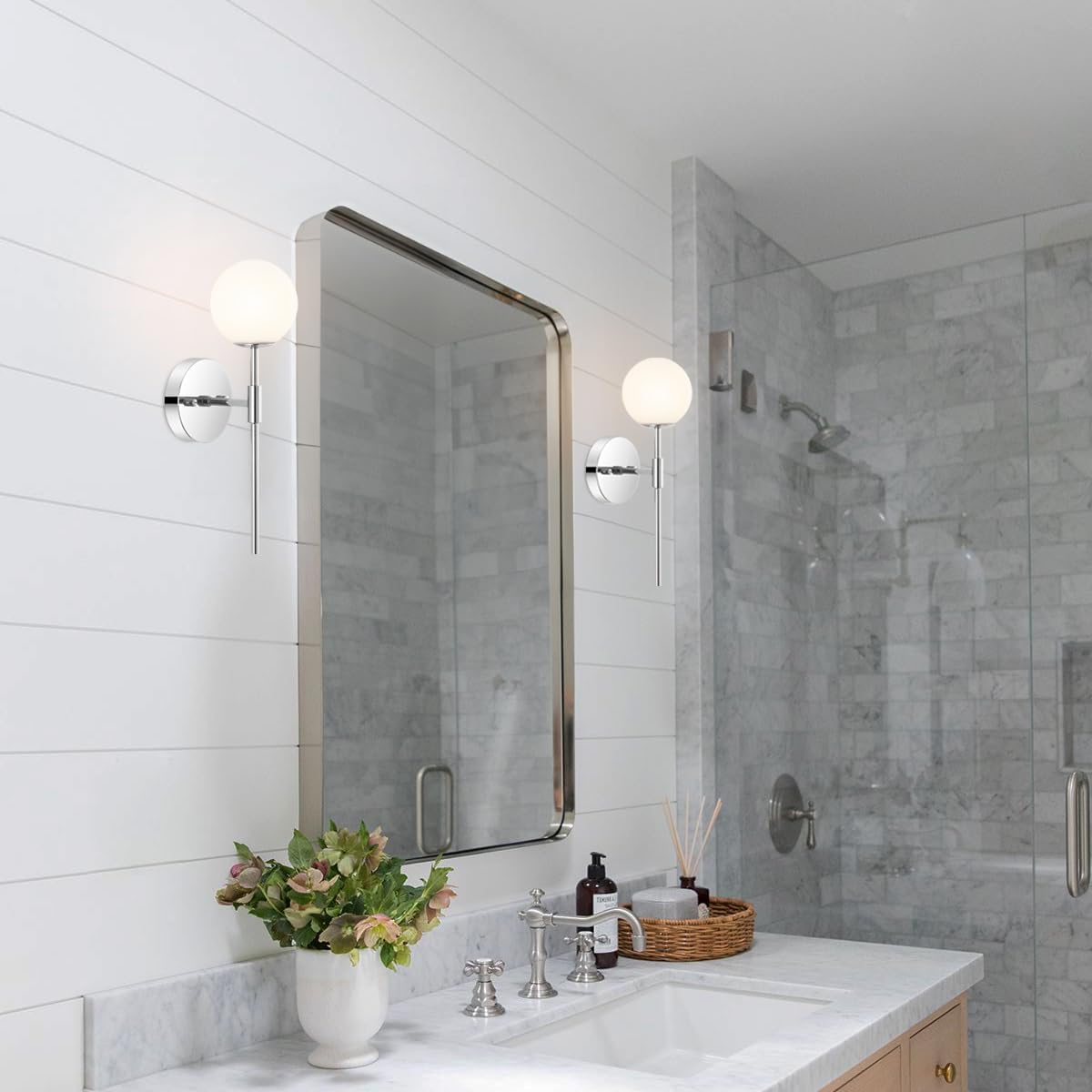 BYOLIIMA Modern Wall Sconce Set of 2 White Globe Glass Shades Mid Century Bathroom Vanity Wall Light Fixtures Industrial Wall Lamp for Bedroom Mirror Living Room Restaurant (Chrome Color)