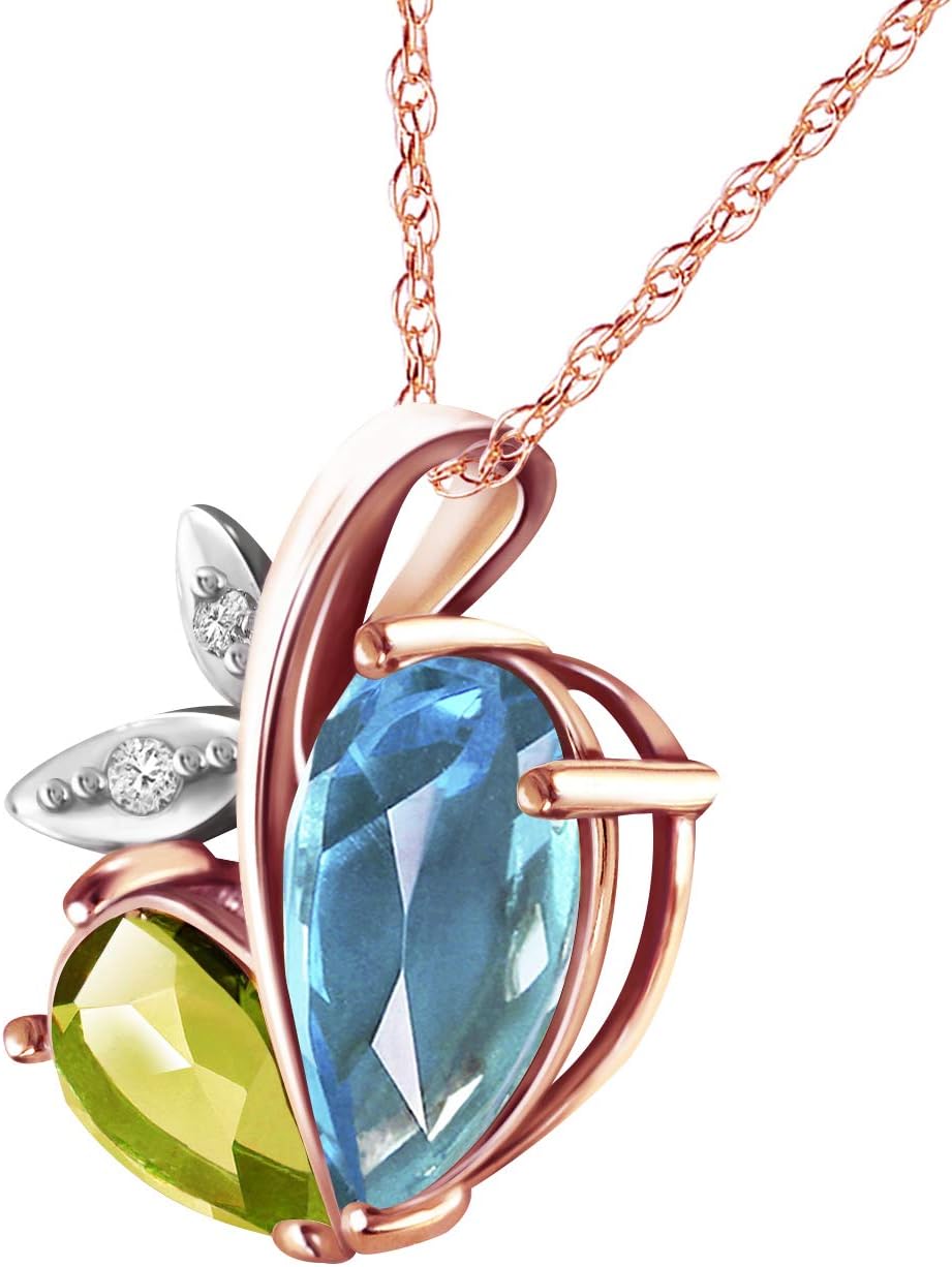 Galaxy Gold GG 5.26 CTW 14k Solid Gold Modern Heart Necklace Combination of Natural Blue Topaz, Peridot and Diamonds