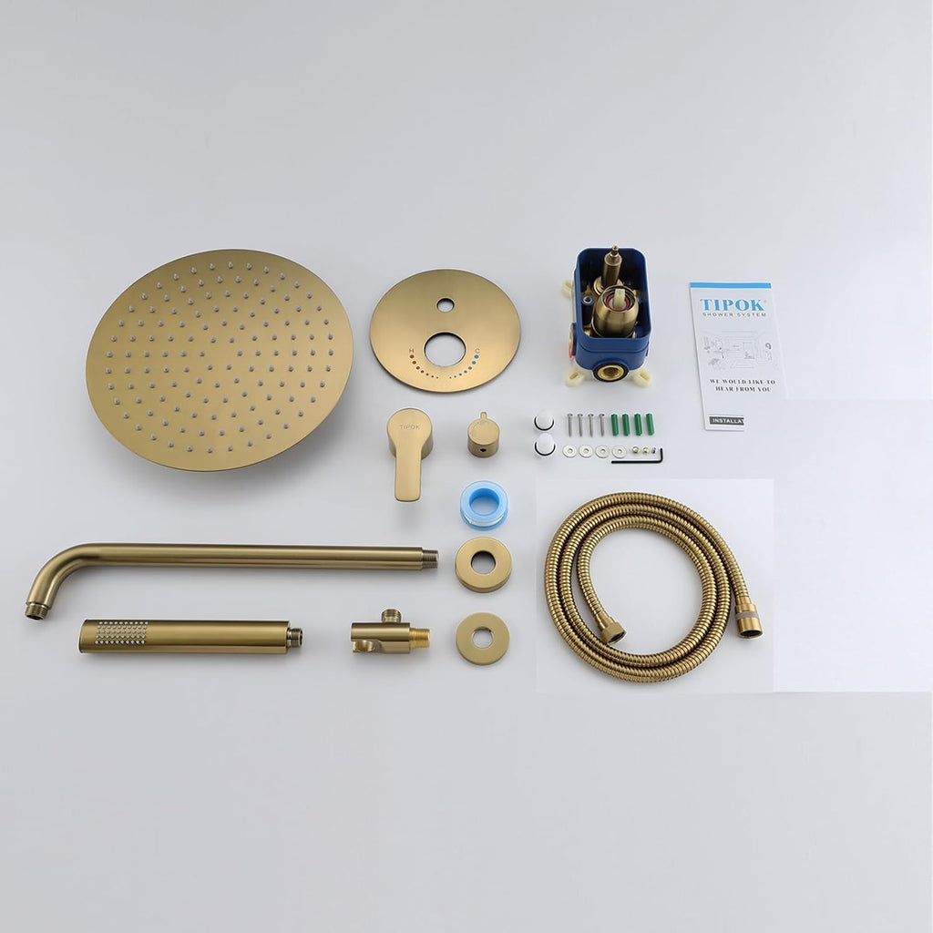 Brushed Gold Shower Fixture Set Has 12 Inch Rain Shower Head with Handheld Showerhead, Brushed Brass Gold Shower System with Solid Brass Valve The Golden Brushed Shower Faucet for Bathroom