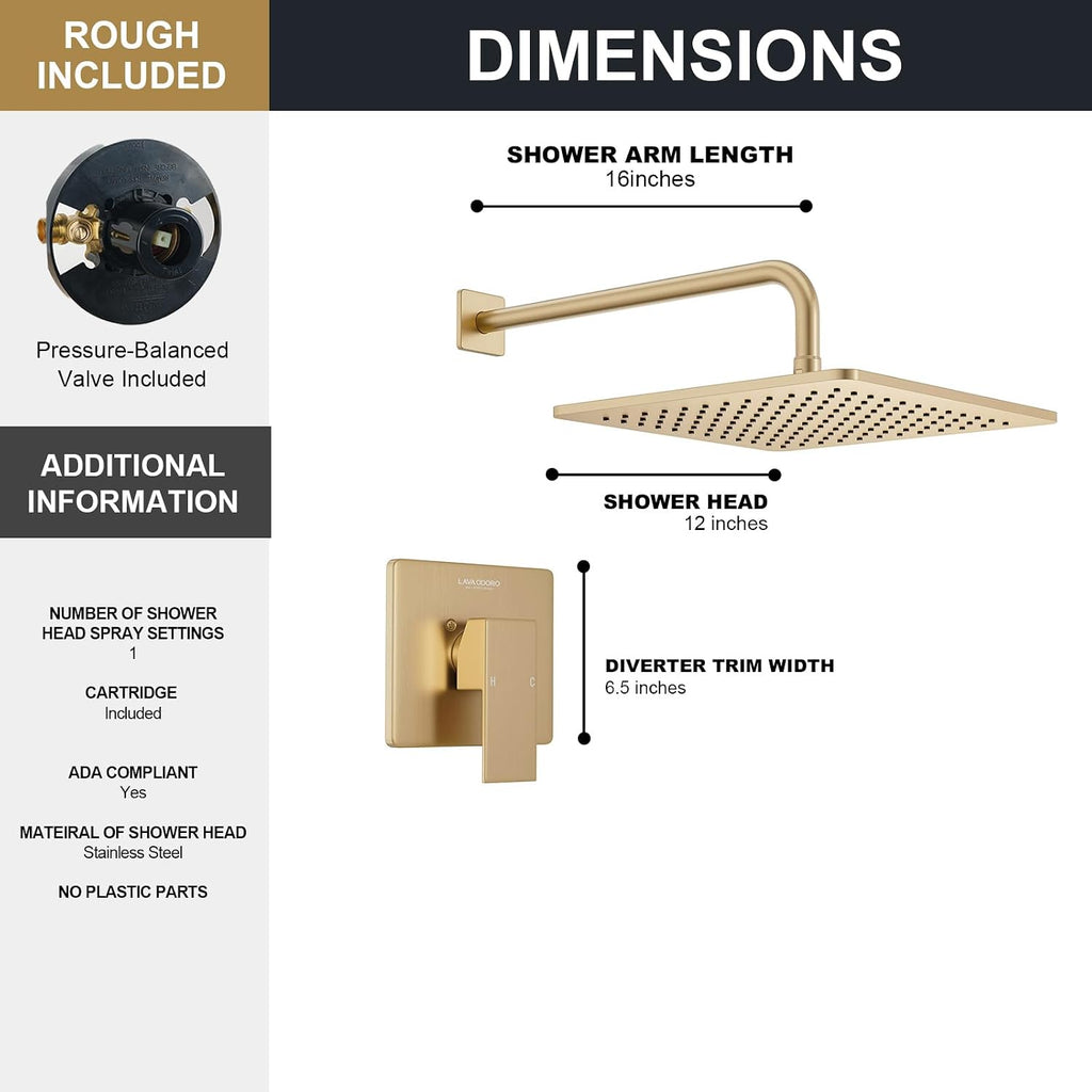 Lava Odoro 12-inch Modern Square Shower Faucet Set Champagne Gold, Shower Trim Kit with Rough-in Valve High Pressure Gold Rainfall Shower Head and Handle Set, (Valve Included), SF106-CB
