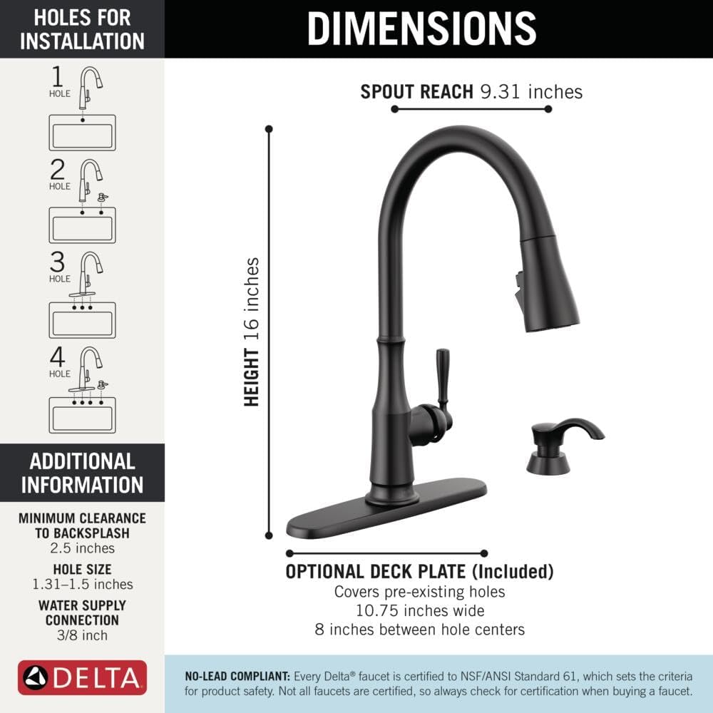 Delta Capertee Matte Black Kitchen Faucet with Pull Down Sprayer and Soap Dispenser, Modern Single Hole Kitchen Sink Faucet, Single Handle, Matte Black 19877Z-BLSD-DST
