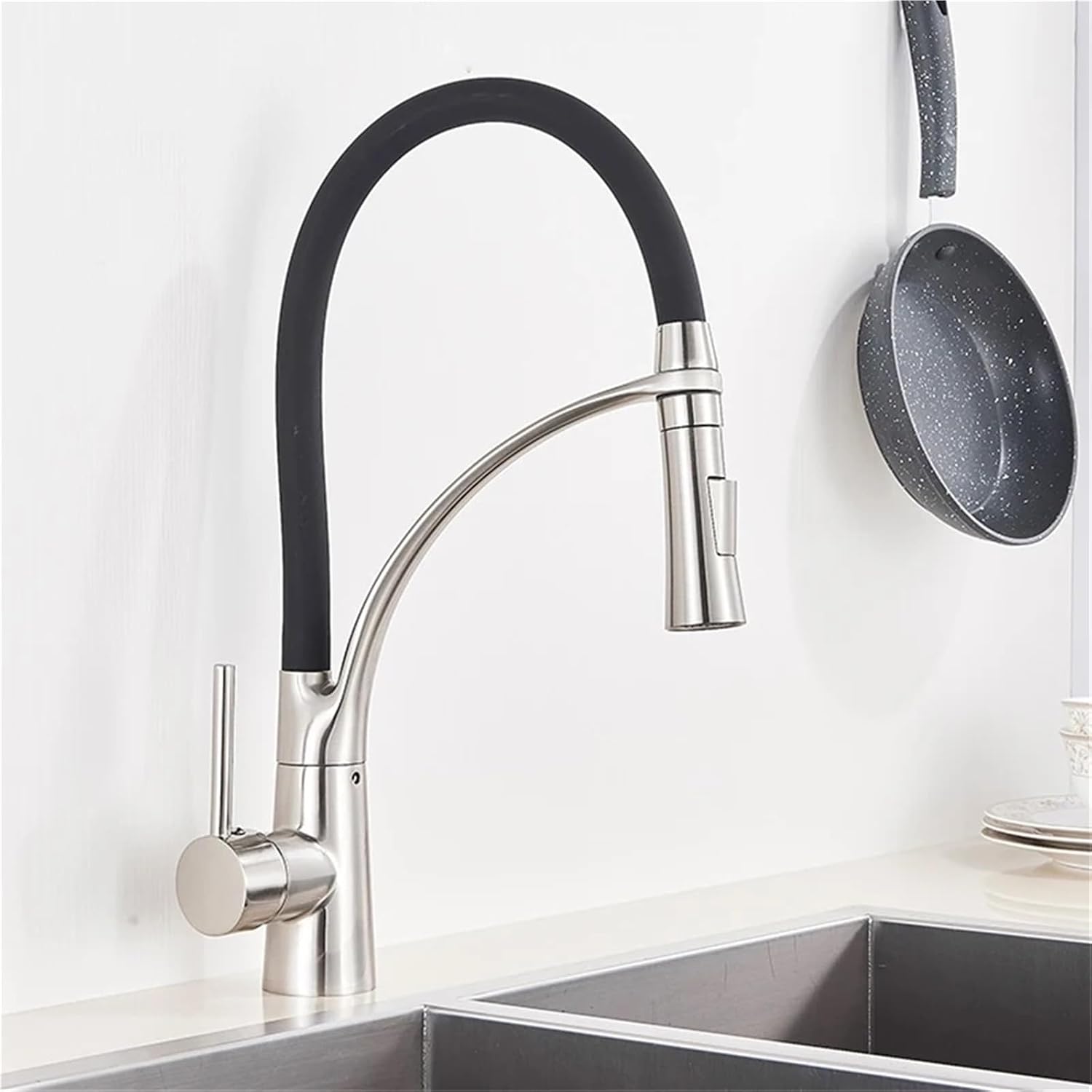 Pull Down Kitchen Faucet with Black Hose Deck Mounted Hot and Cold Water Mixer Sink Tap Swivel Kitchen Tap(Brushed Nickel)
