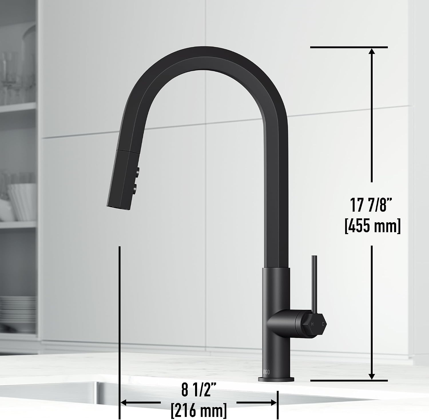VIGO Hart Hexad 18'' H Single Handle Pull-Down Spout Kitchen Faucet in Matte Black-VG02034MB
