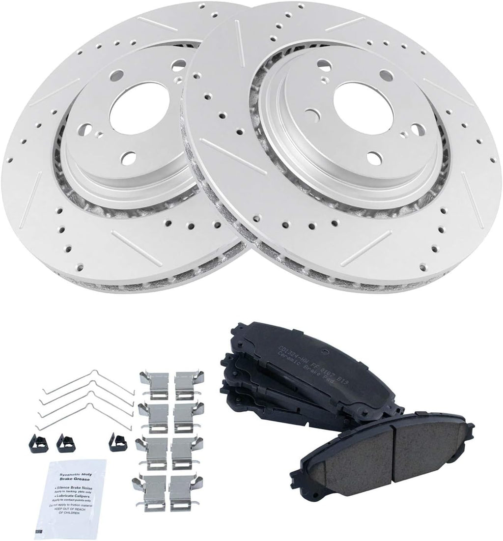 TRQ Performance Front Ceramic Brake Pad and Rotor Set Drilled Slotted Coated Compatible with 08-19 Toyota Highlander 11-20 Sienna 10-15 Lexus RX350 10-15 RX450h 15-17 NX200t 18-21 NX300 15-20 NX300h