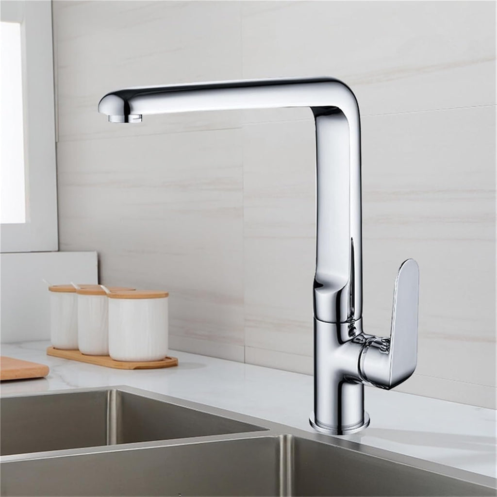 Kitchen Mixer Faucets Sink Taps Hot & Cold Brass Water Crane Single Handle Deck Mount Rotate Faucet(Sliver)