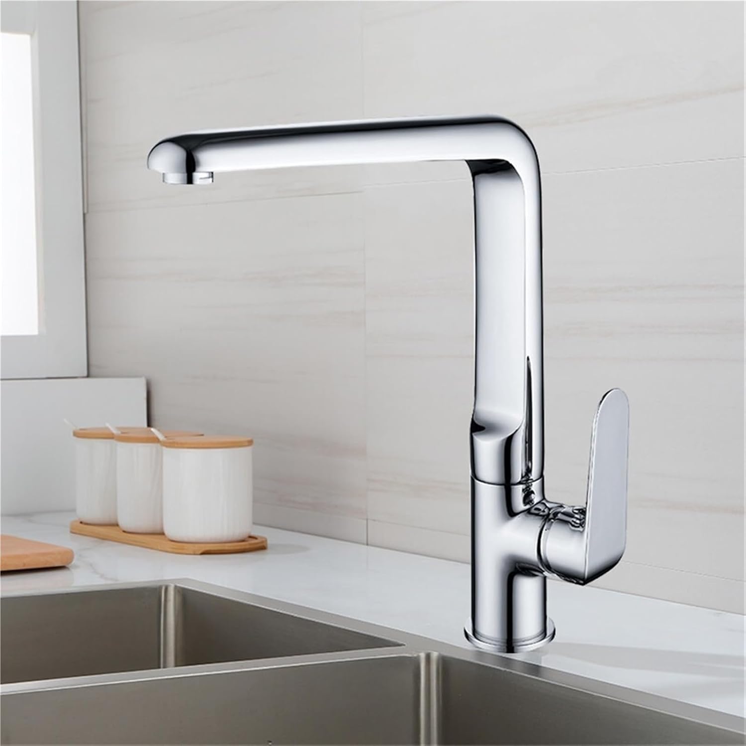 Kitchen Mixer Faucets Sink Taps Hot & Cold Brass Water Crane Single Handle Deck Mount Rotate Faucet(Sliver)