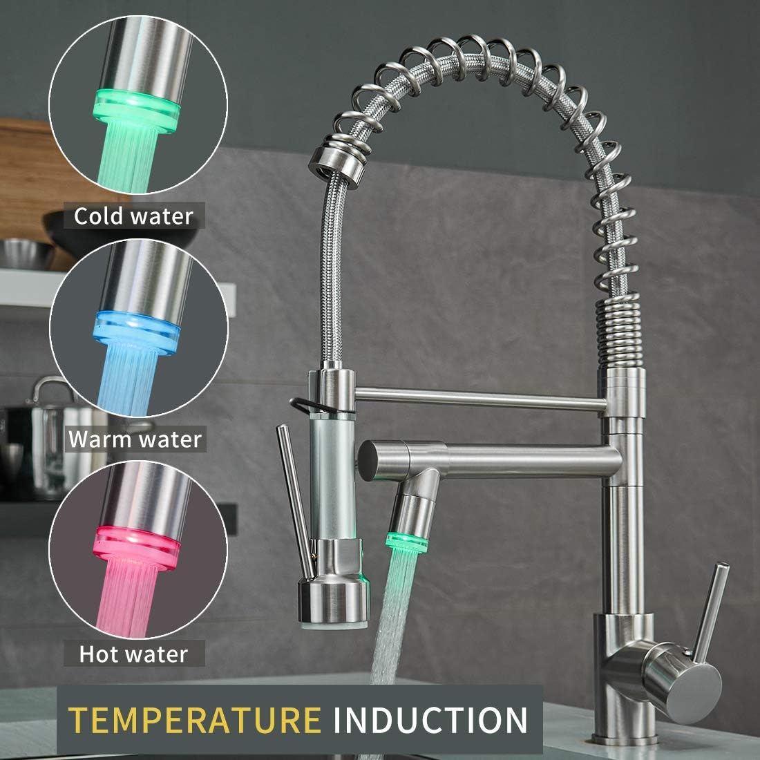 AIMADI Commercial Pull Down Kitchen Faucet Sprayer with LED Light,Single Handle Stainless Steel Kitchen Sink Faucets with Pull Down Sprayer,Suitable for Farmhouse Camper Laundry Rv Bar
