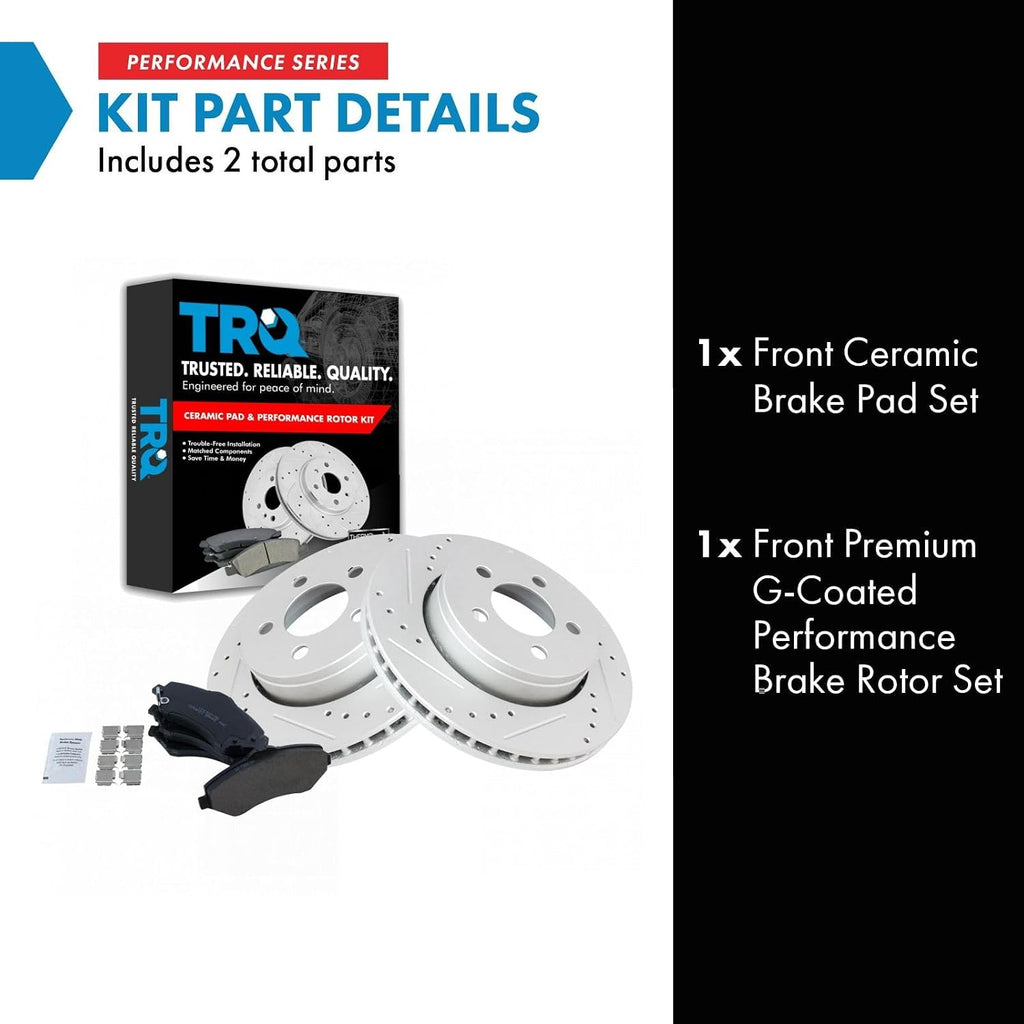 TRQ Performance Front Brake Pad and Rotor Set Ceramic Coated Drilled Slotted Vented Rotors Compatible with 2007-2011 Dodge Nitro 2008-2012 Jeep Liberty