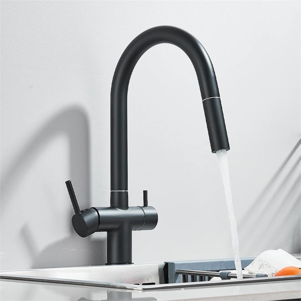 Kitchen Faucet Pure Water Pull Out 360 Rotation Hot and Cold Water Mixer Tap Dual Handle Deck Mounted Sink Crane(Matte Black)