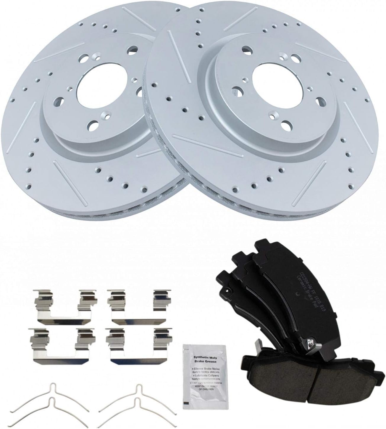 TRQ Performance Front Brake Pad and Rotor Set Ceramic Coated Drilled Slotted Vented Rotors Compatible with 2009-2014 Acura TL