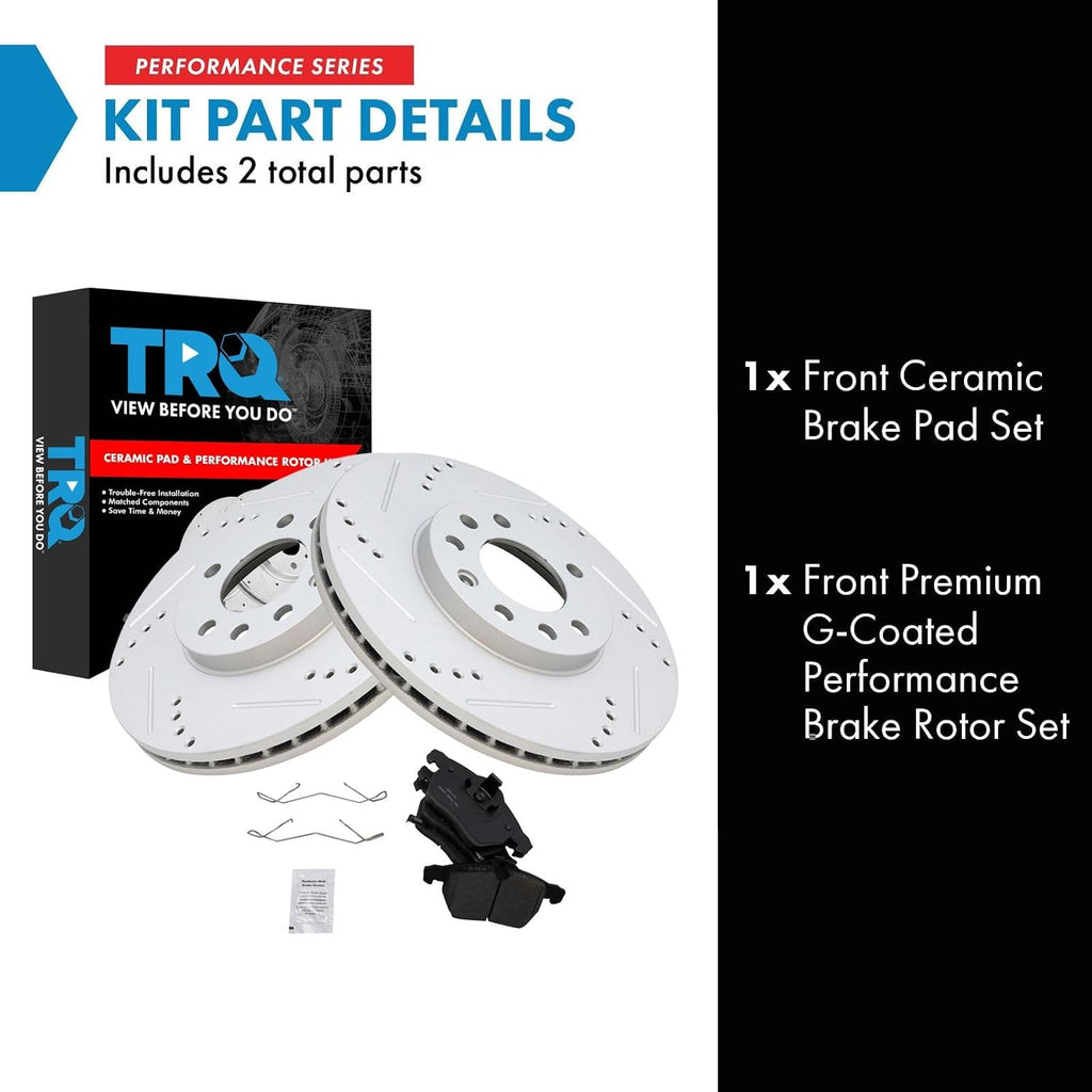TRQ Performance Front Brake Pad & Rotor Set Ceramic Coated Drilled Slotted Vented Rotors Compatible with 99-03 Saab 9-3 99-05 9-5 2000 Saturn LS LS1 LS2 LW1 LW2 01-02 L100 01-03 L200 LW200 LW300