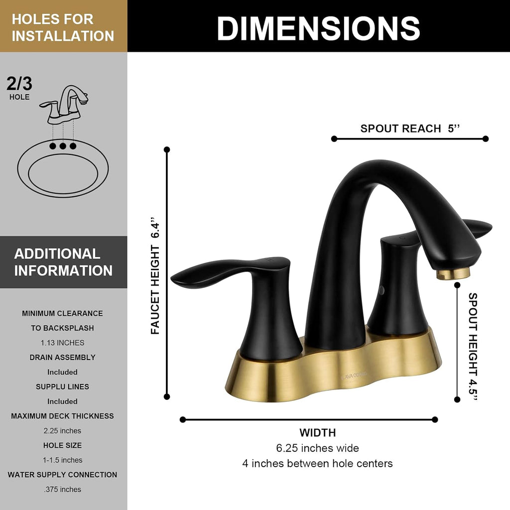 Black and Gold Bathroom Faucet, Lava Odoro 2 Handle 4 Inch Centerset Bathroom Sink Faucet Vanity Faucet with Pop up Drain Assembly Supply Line, BF423-BG