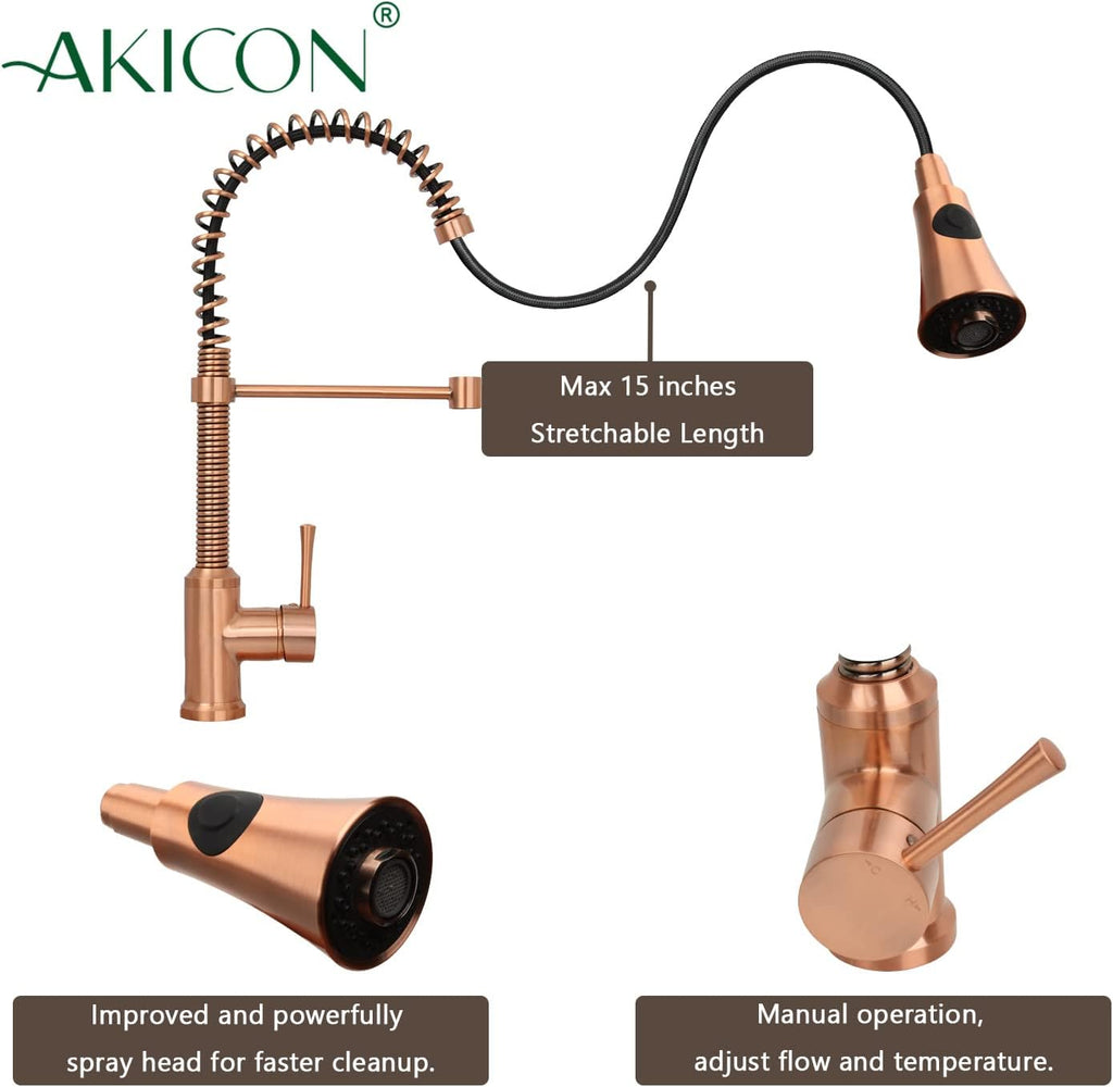 Akicon Copper Kitchen Faucet with Soap Dispenser, Single Handle Solid Brass High Arc Pull Down Sprayer Head Kitchen Sink Faucets with Deck Plate