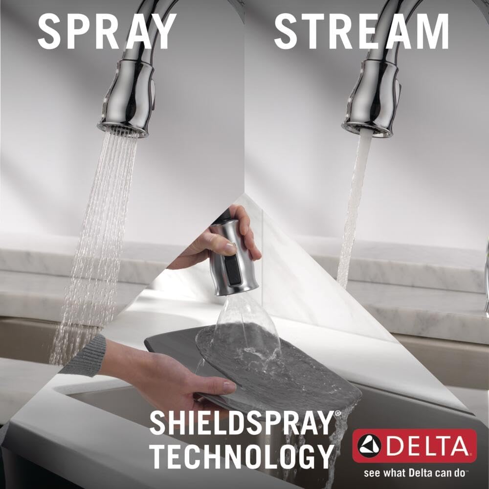 Delta Leland Chrome Kitchen Faucet with Pull Down Sprayer, Traditional Single Hole Kitchen Sink Faucet, Single Handle, Chrome 9178-DST
