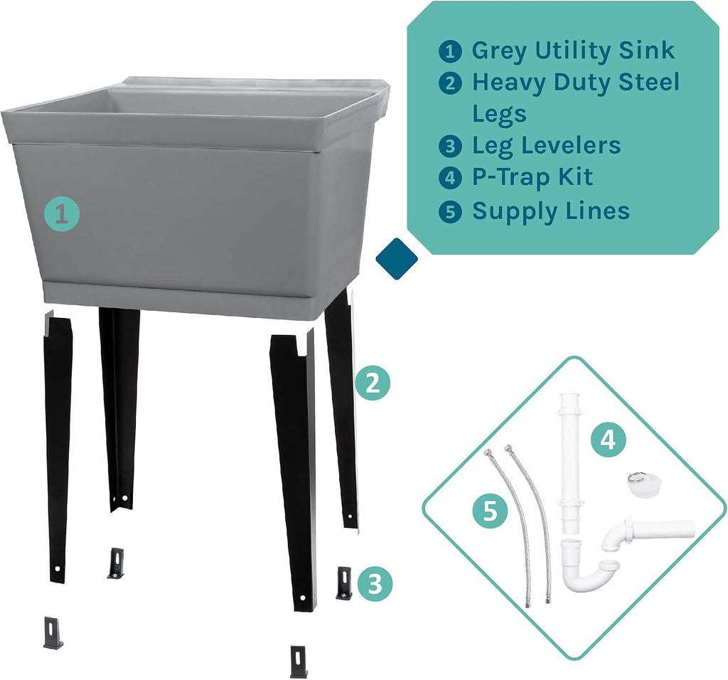 19 Gallon Utility Sink Laundry Tub by JS Jackson Supplies with Adjustable Metal Legs, Ideal for Laundry room, Basement, or Garage Workshop. Heavy Duty Shop Sink. No Faucet Included (Grey)