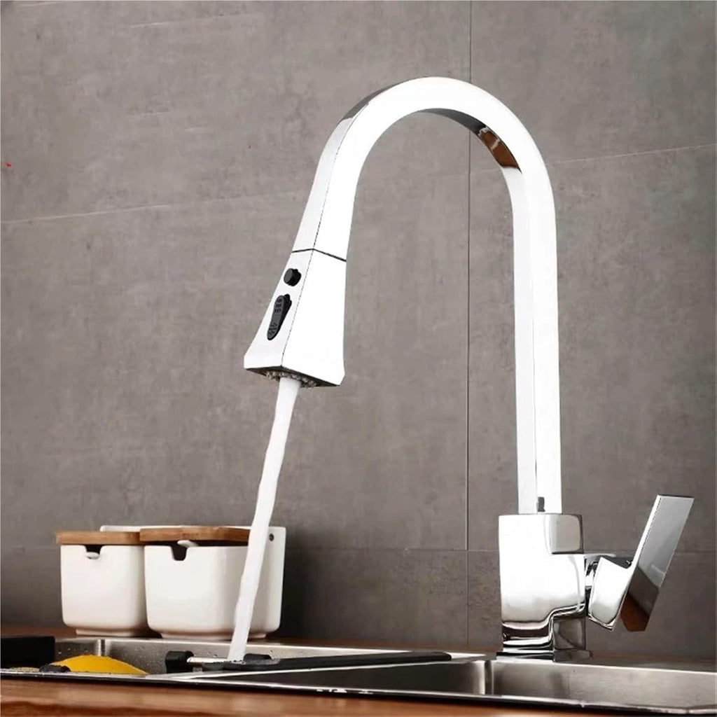 Kitchen Faucets Copper 360 Rotate Pull Out Tap Kitchen Faucet Button Switch Cold Hot Water Sink Mixer Taps(Chrome,Hose Size 9-16)