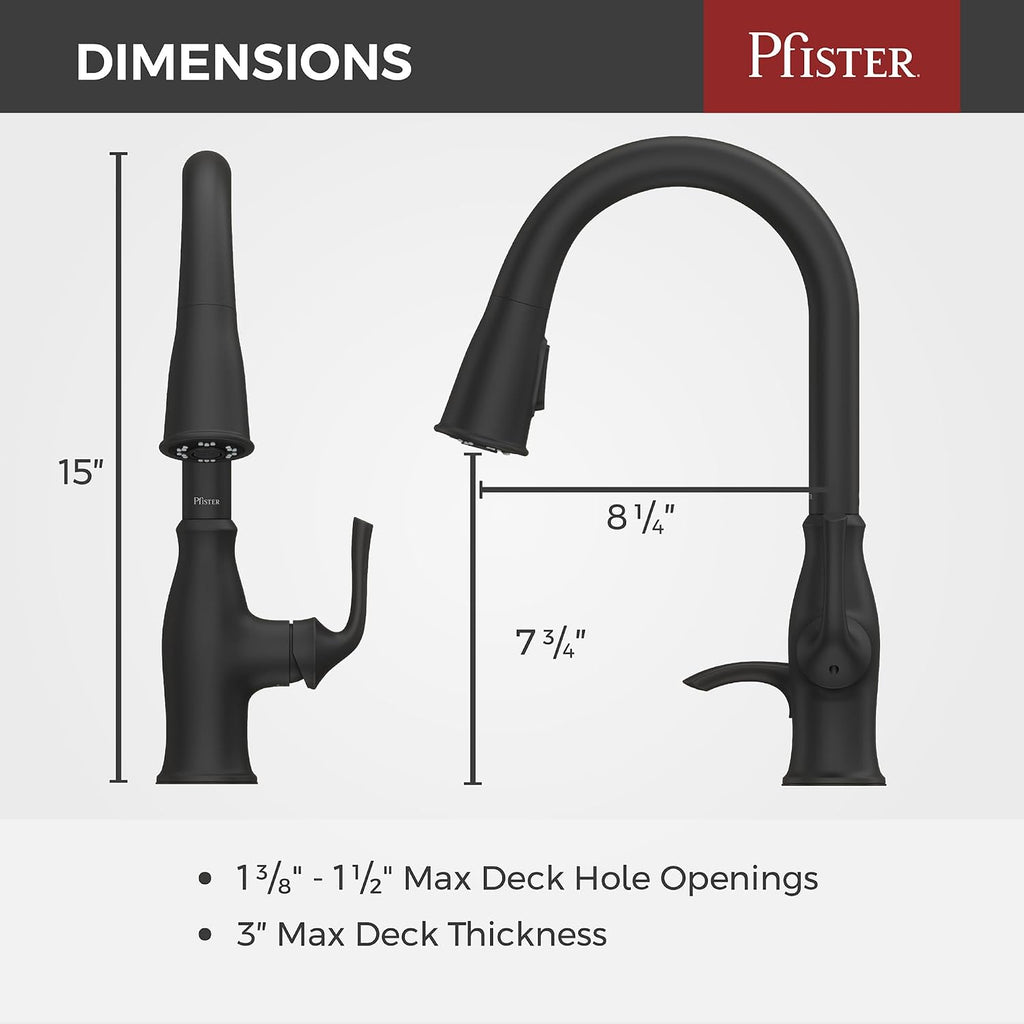 Pfister Rosslyn Kitchen Faucet with Pull Down Sprayer and Soap Dispenser, Single Handle, High Arc, NSF Certified, Matte Black Finish, F5297RSSRB