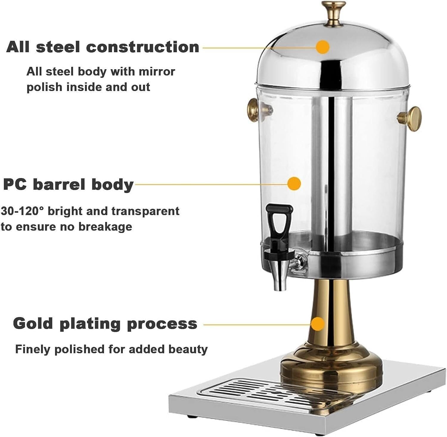 Cold Drink Machine, Stainless Steel Juice Dispensers, Glass Beverage Dispensers Machine with Faucet, for Hot Or Cold Drinks (Color : Gold, Size : Double Head)