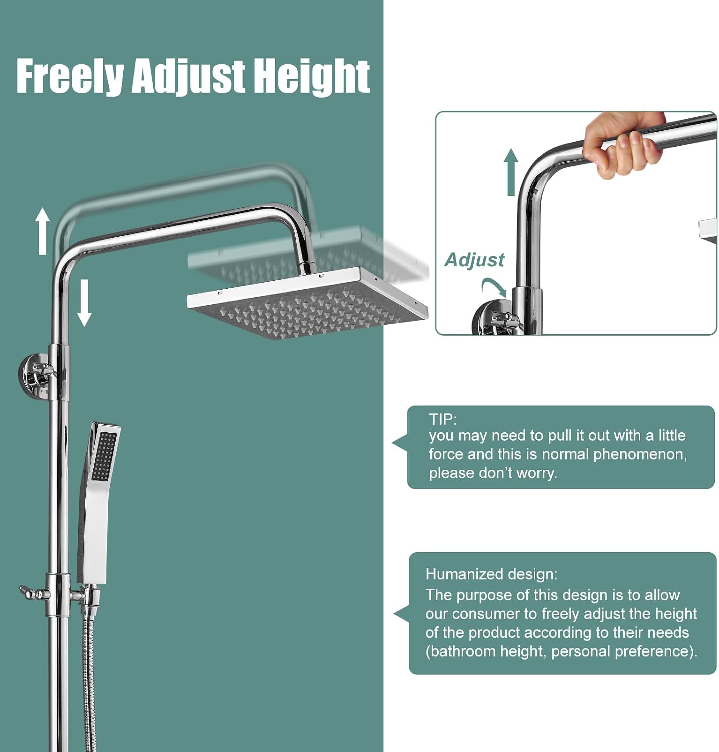Polish Chrome Exposed Shower System 2 Functional Bathroom Shower Set 8 Inch Square Rainfall Shower Head with Hand Sprayer Wall Mounted