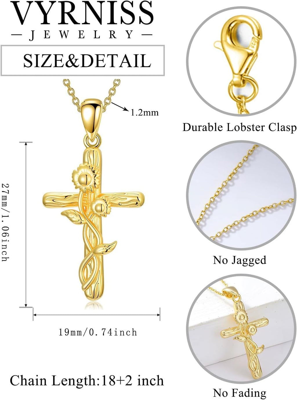18K Gold Cross Pendant for Women Gold Cross Necklace 18K Gold Jewelry Religious Gift