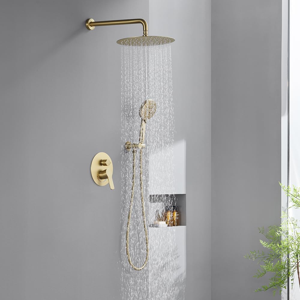 Brushed Gold Shower System with Rain Shower and Handheld, High Pressure 10 Inch Gold Shower Faucets Sets Complete with Brass Shower Valve and Trim Kit