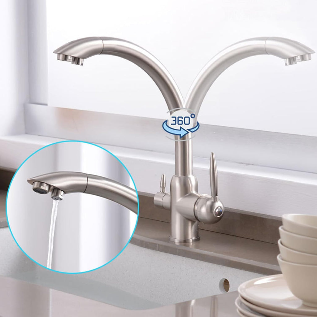 Kitchen 3 Way Faucets Mixer Brass 3 Way Faucets for Kitchen Sink Double Outlet Hot and Cold Water-Brushed