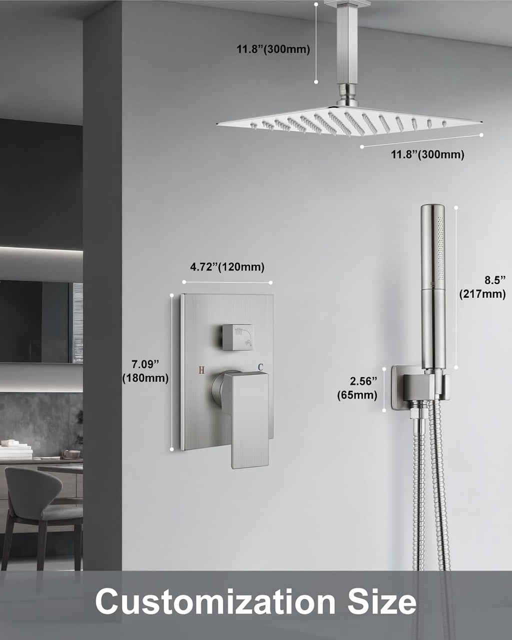 Aolemi Ceiling Mount Shower Faucet Set,Shower System Rain Showerhead and Handheld Spray Combo High-Pressure Showerheads Set with Valve and Trim Kit Rough-in Valve,12 Inch Brushed Nickel